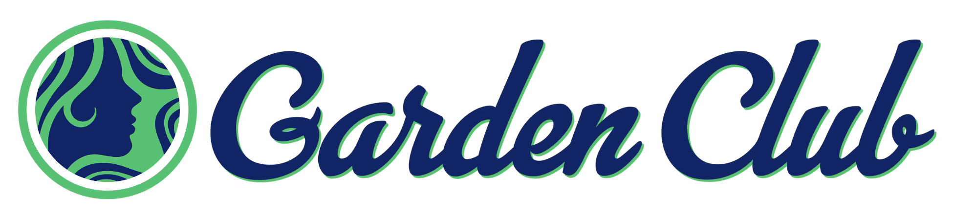 Garden Club logo with stylized female face in green and blue circle beside cursive text