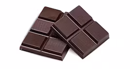 Two pieces of dark chocolate bar with a smooth, rich texture stacked on a white background