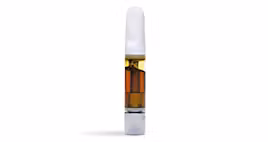 Cannabis vape cartridge filled with amber oil and a white mouthpiece on a plain background